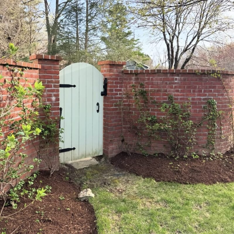 Mint green arched wooden gate in a red brick garden wall, with climbing vines and early spring shrubs in the foreground