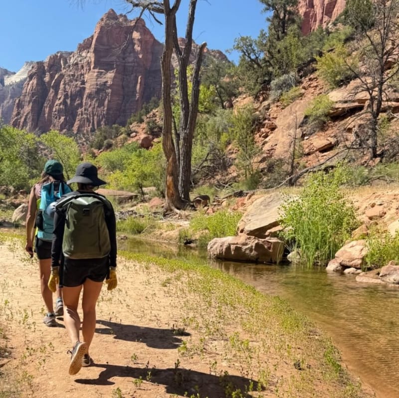 Two hikers with backpacks walking a sandy trail alongside a stream in Zion National Park, red sandstone cliffs and green trees in the background