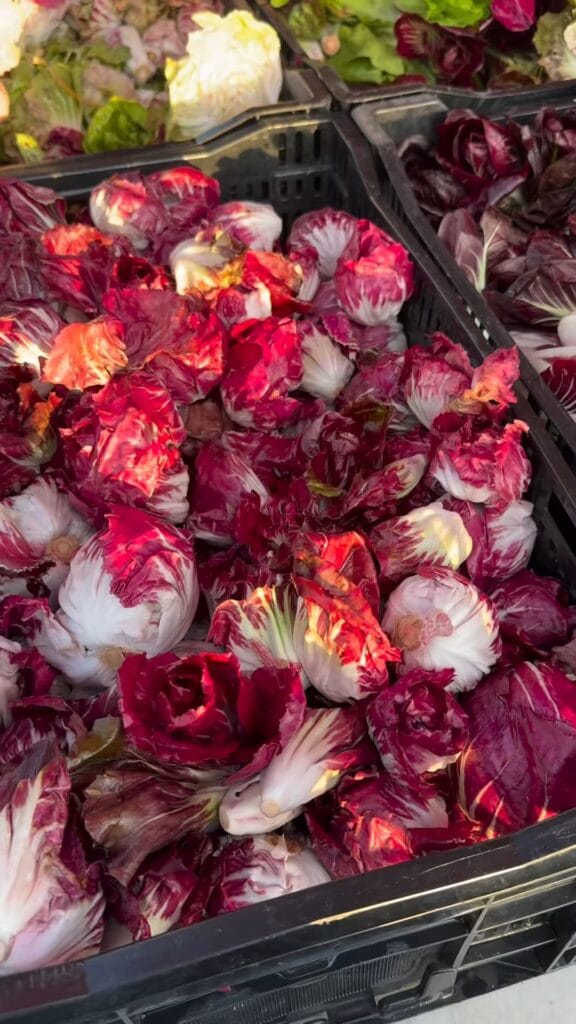 Crate of fresh radicchio heads at a farmers market stall, with additional leafy greens visible in the background